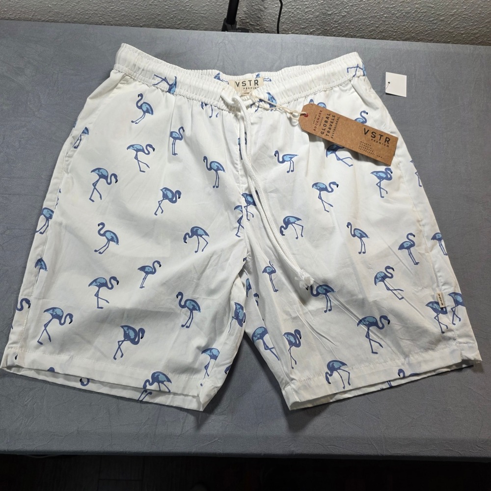 NWT VSTR Premium Mens White Blue Flamingo Print Cotton Drawstring Shorts‎ SZ M *
